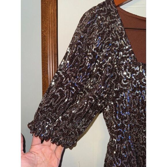 NWT Anthropologie Moon River Brown and Silver Sequin Dress Sz Small - Picture 9 of 13